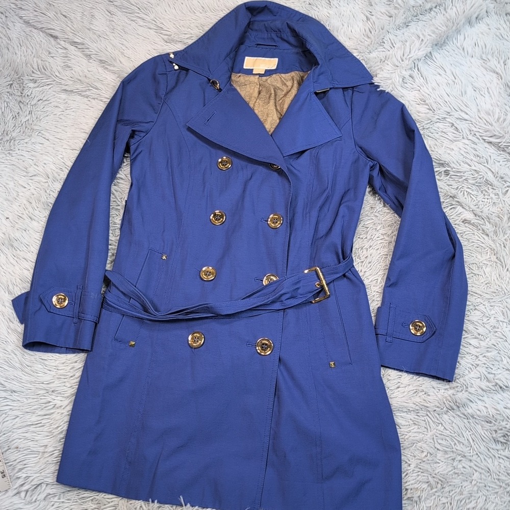 Michael Kors Jacket Womens M Blue Trench Coat Button Up Pockets Career Preppy